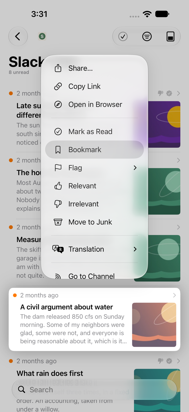 Long-press menu on an article preview listing Share, Copy Link, Open in Browser, Mark as Read, Bookmark, Flag, Relevant, Irrelevant, Move to Junk, Translation, Go to Channel, and Delete.