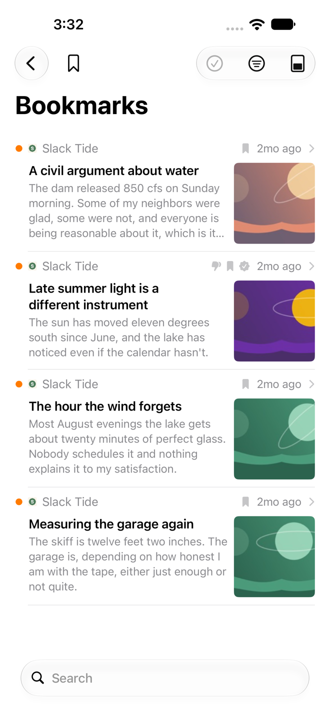 Bookmarks panel showing saved articles.
