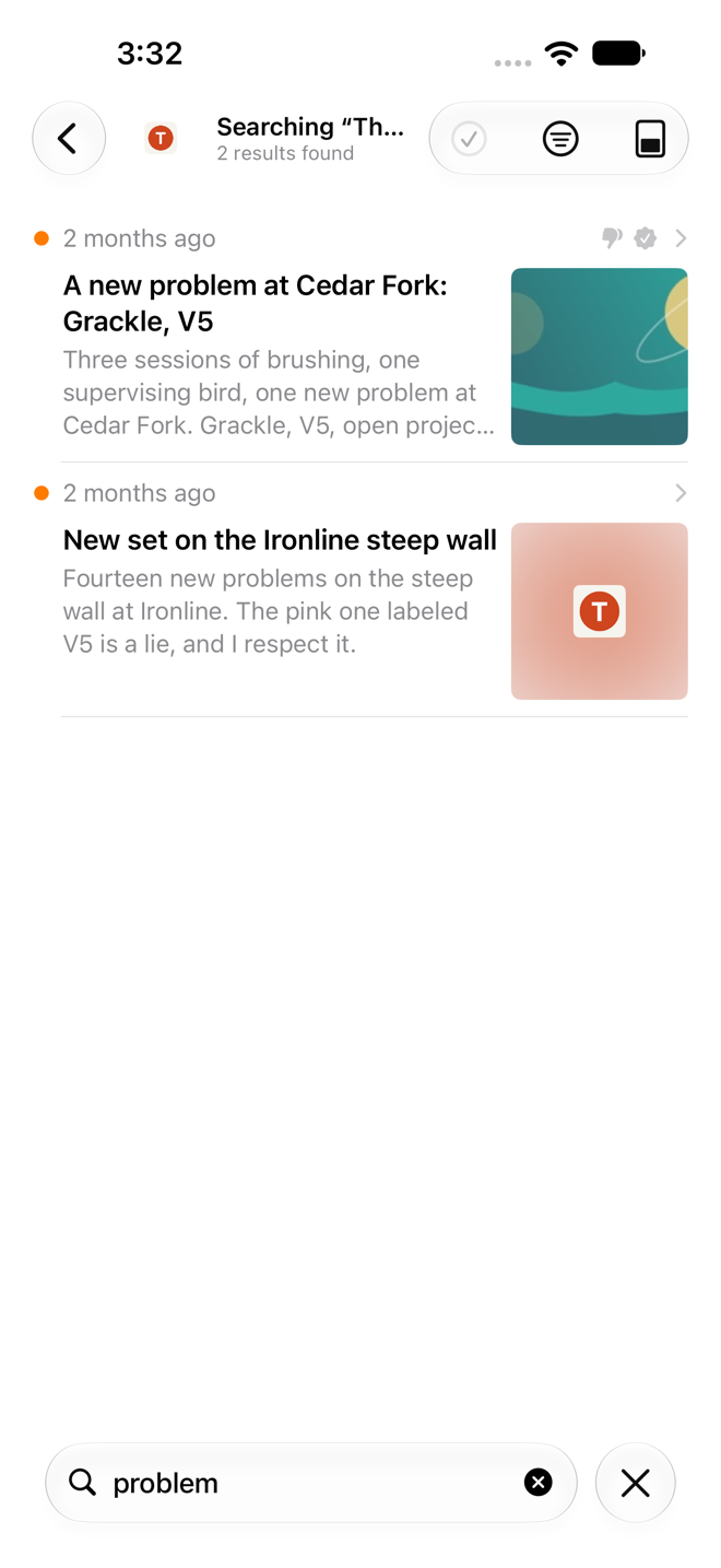 Search field at the top of the Inbox with matching articles shown.