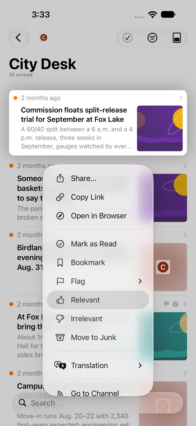 Long-press menu on an article preview with the Relevant and Irrelevant rating options listed.