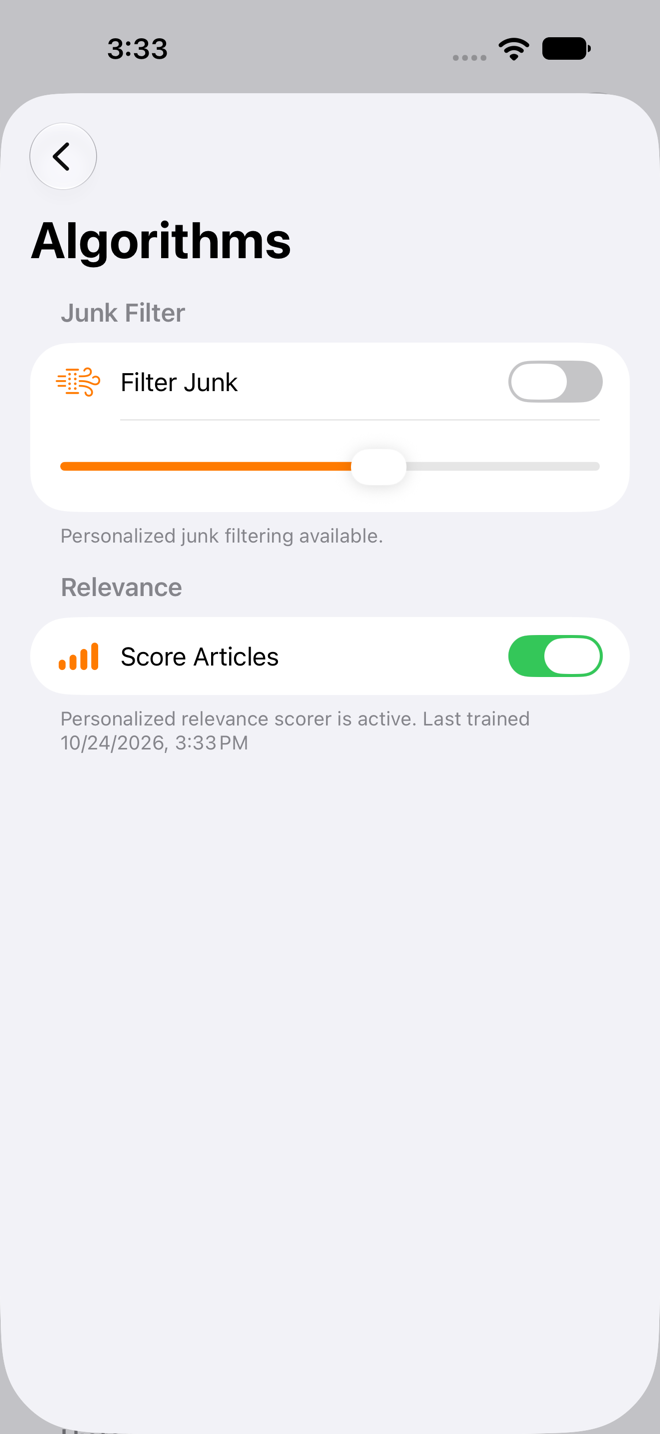 Algorithms settings screen with the Relevance Scorer section enabled.