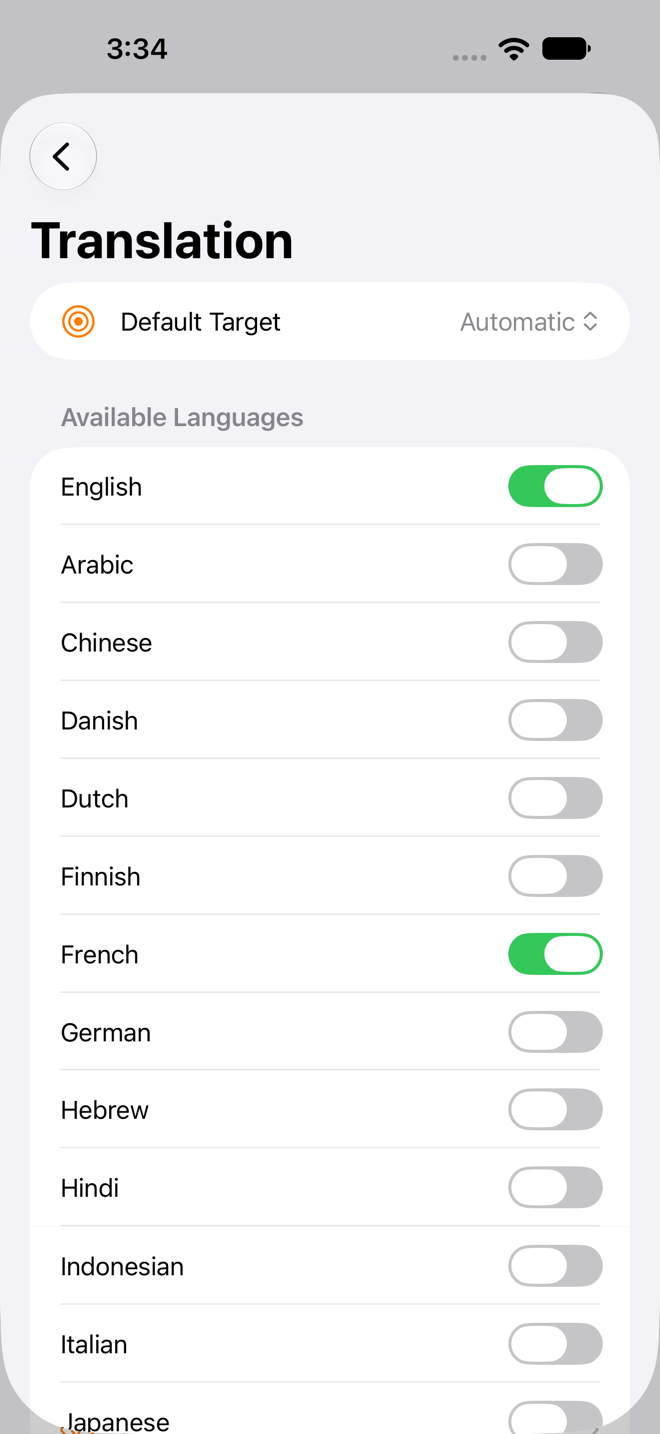 Translation settings screen with English and French enabled.