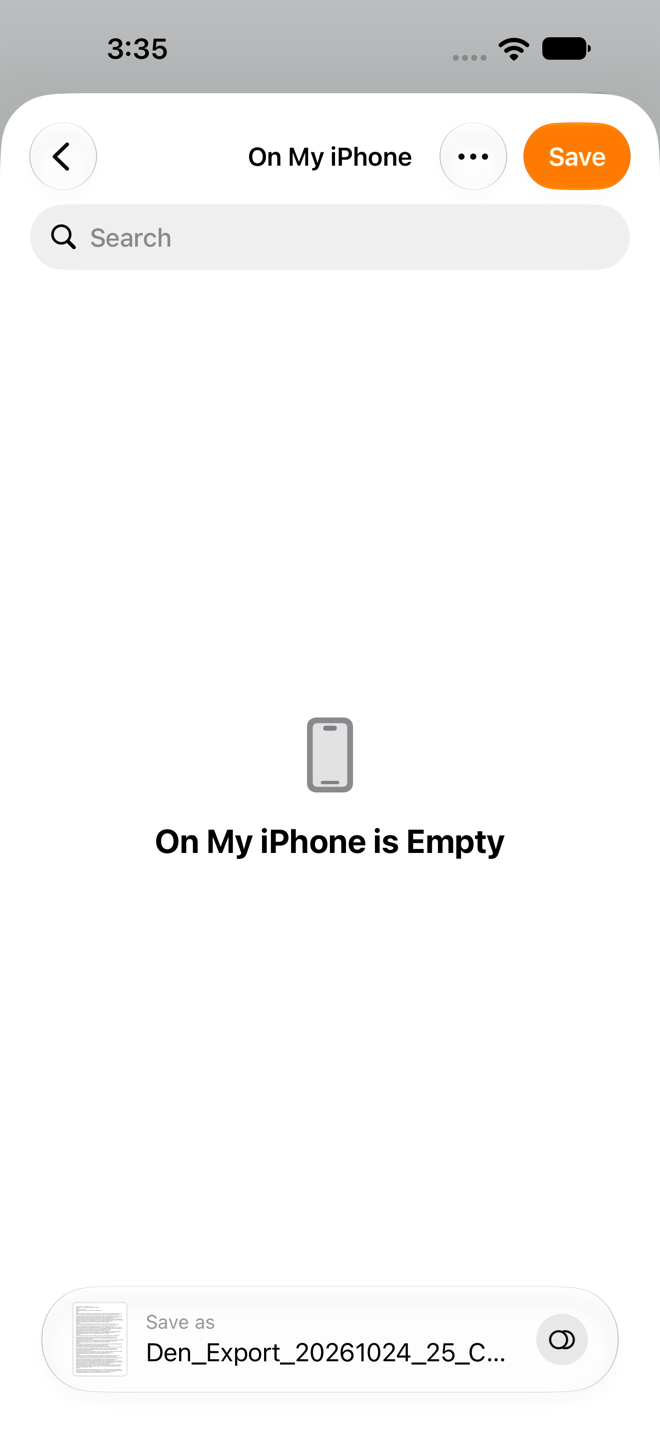 Files browser sheet for saving the exported OPML file.