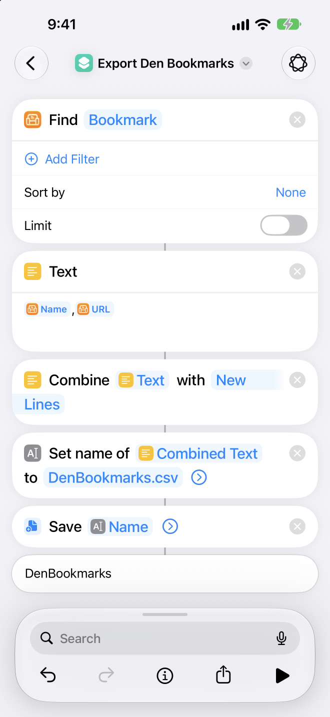 Shortcuts app on iPhone with a Den bookmark export action configured.