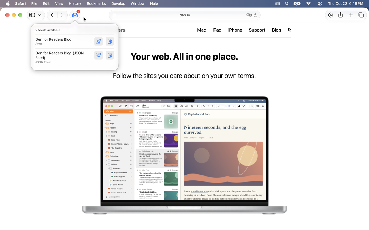 Den Safari extension window opened on a page with multiple feeds available.