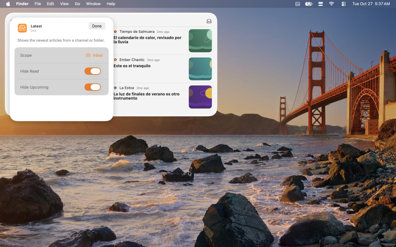 Latest widget configuration with Scope set to a channel folder and the Hide Read and Hide Upcoming toggles on.