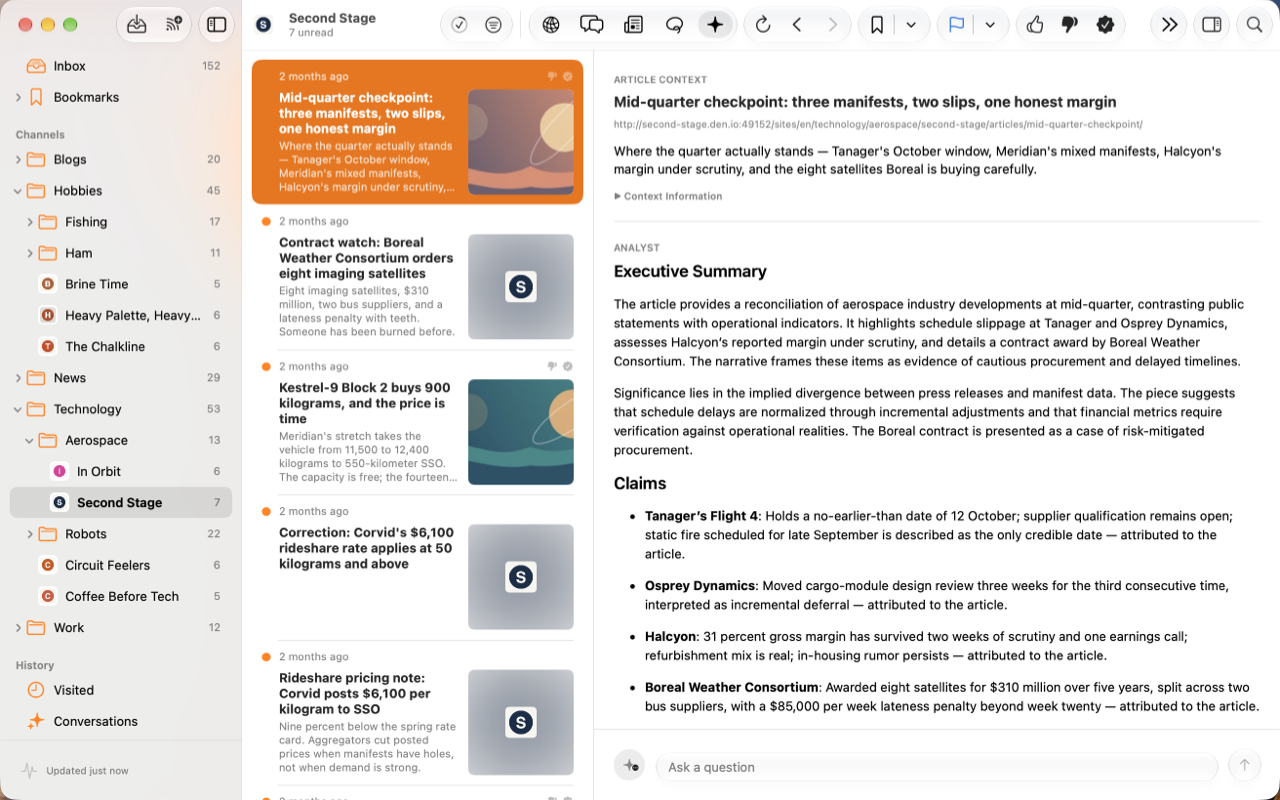 Analyst conversation with a generated article assessment.