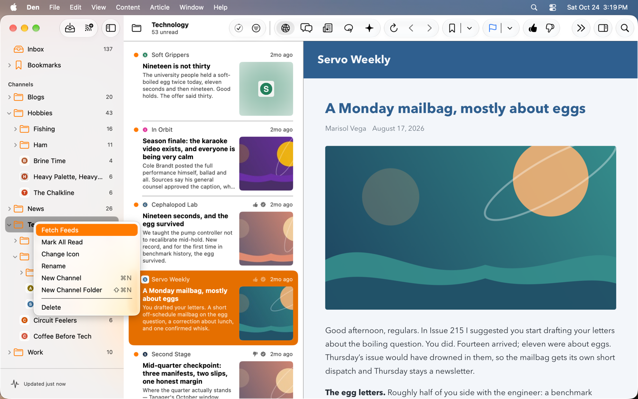 Sidebar channel folder context menu with Fetch Feeds highlighted