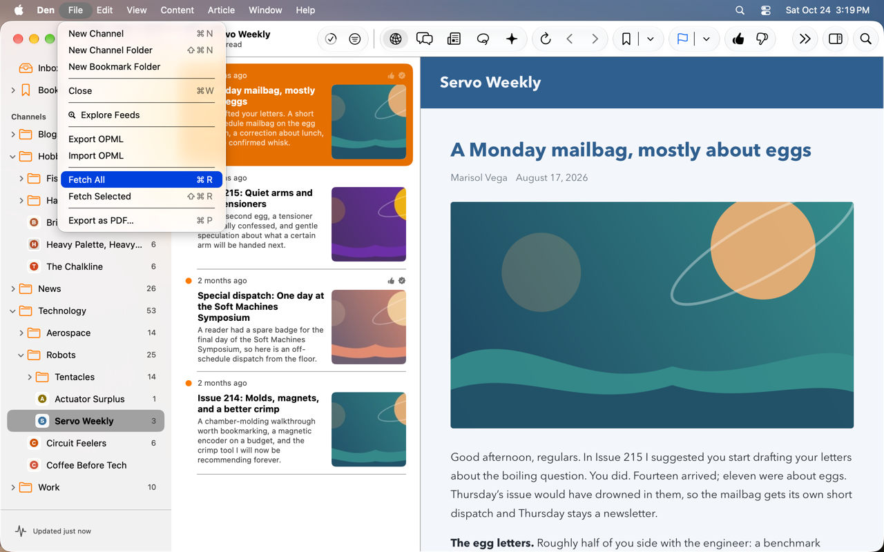 File menu expanded with Fetch All highlighted