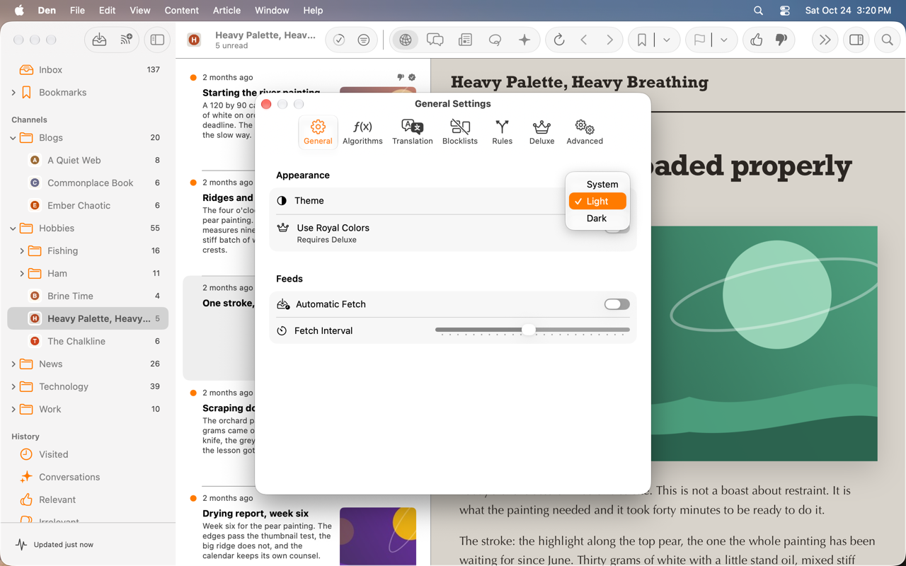 Appearance section of general settings with the Theme picker.