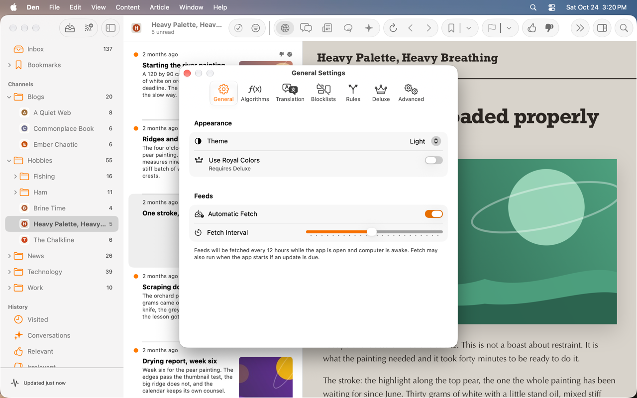 Feeds section of general settings with Automatic Fetch enabled and the Fetch Interval slider.