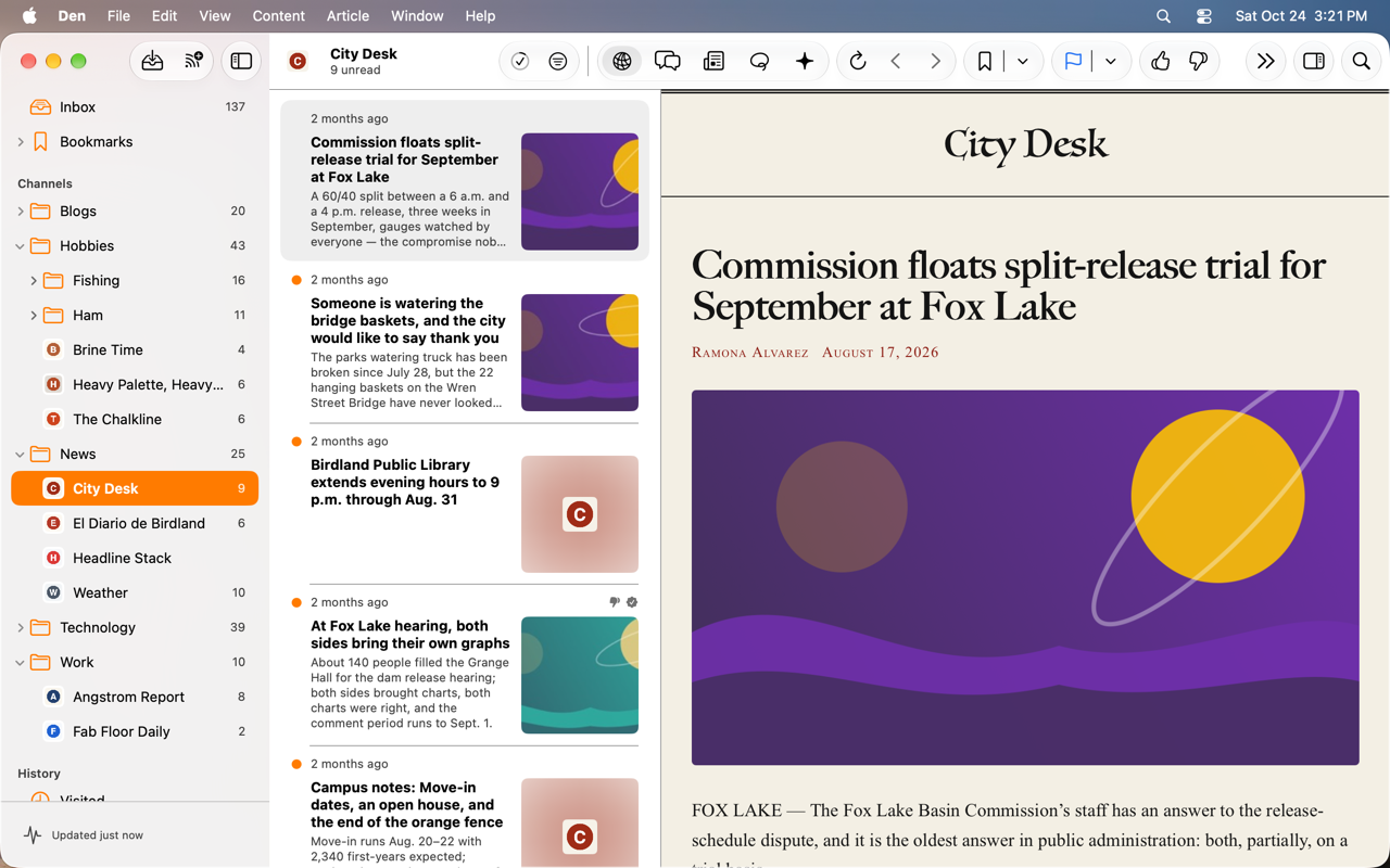 Sidebar with channels arranged into folders using drag and drop.