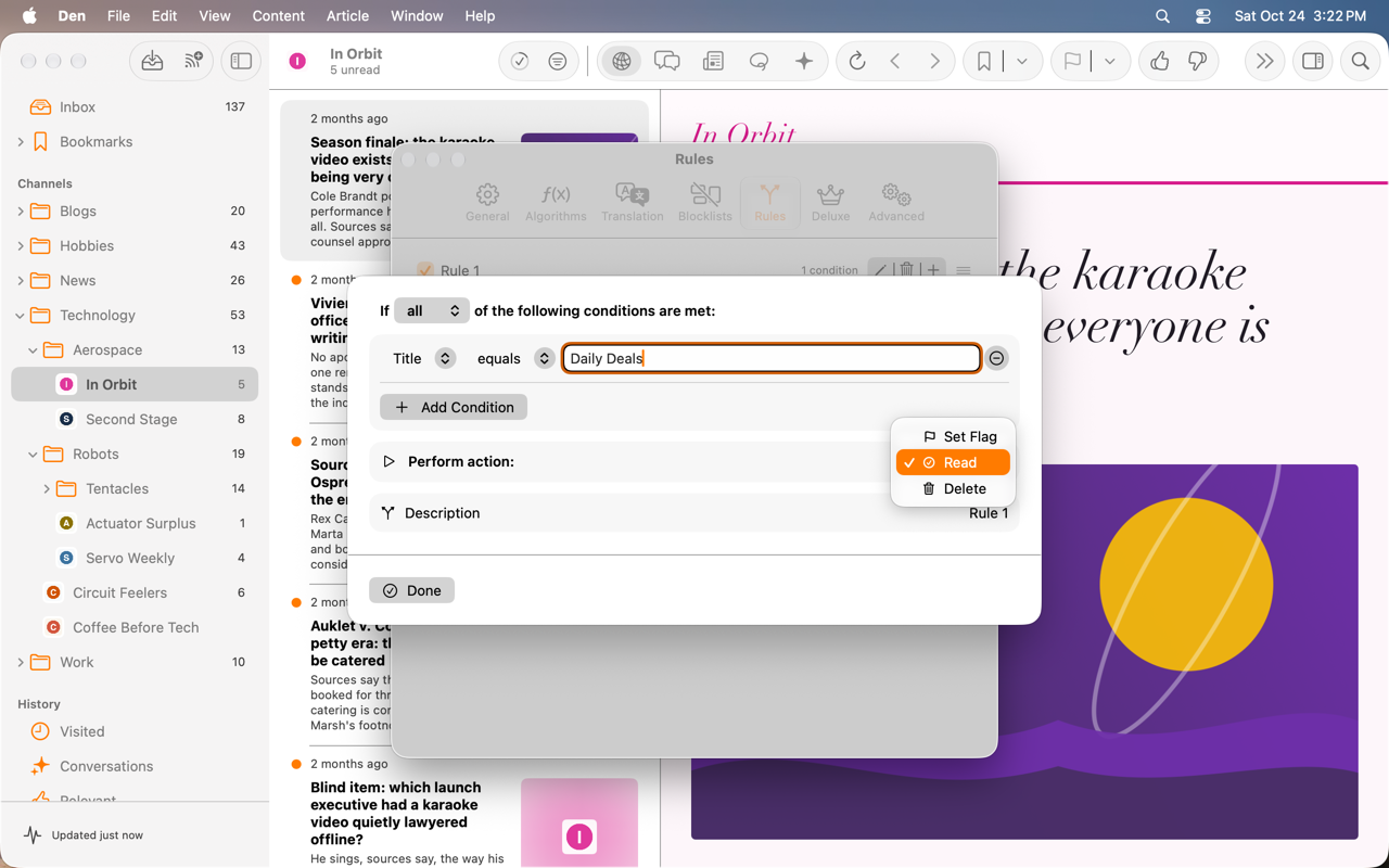 Rule editor showing the action picker.