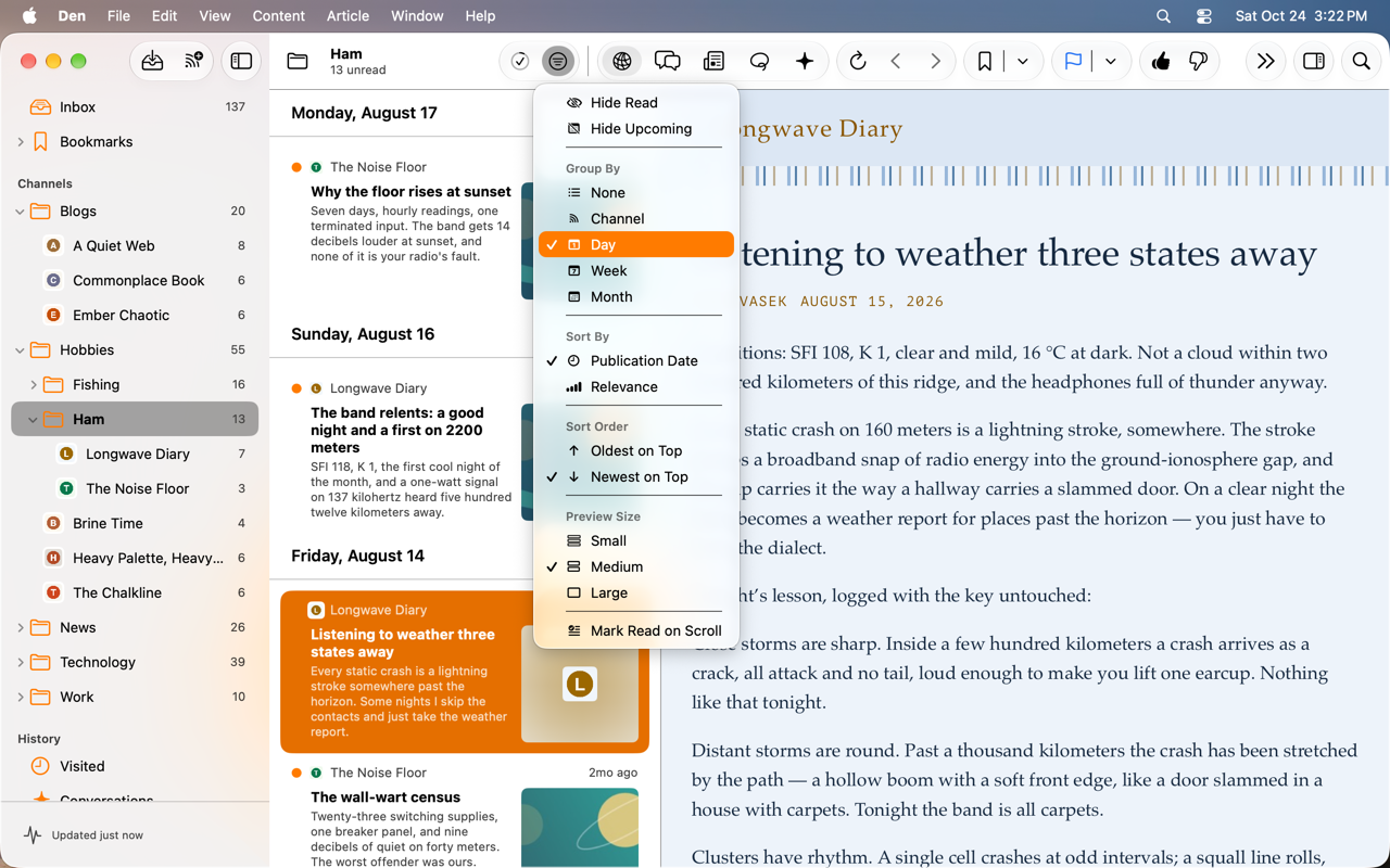 Content column menu with group by day selected