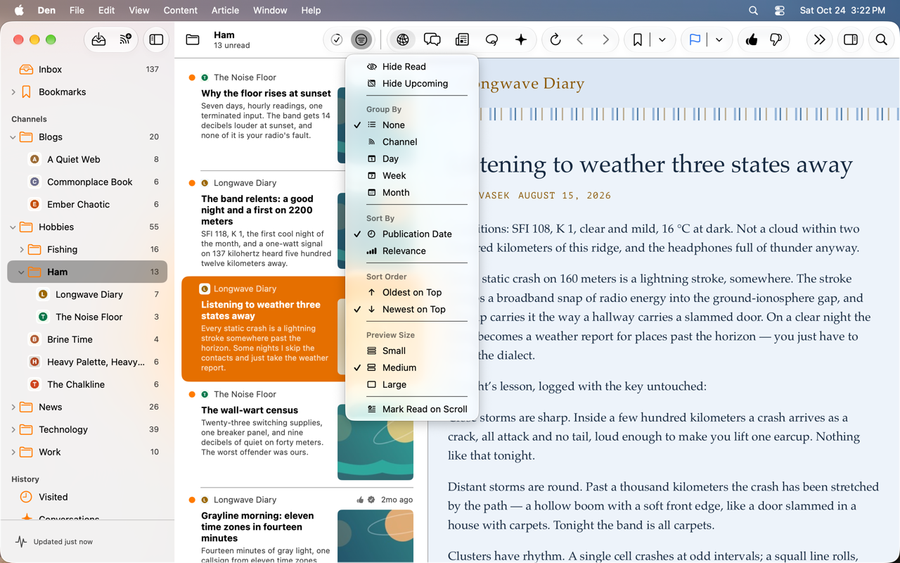 Content column menu with Hide Upcoming enabled