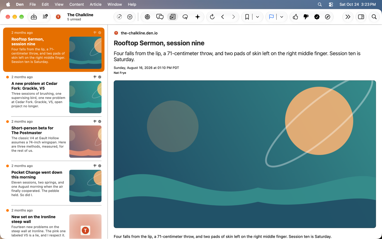 Feed content viewer mode with sidebar and inspector hidden.