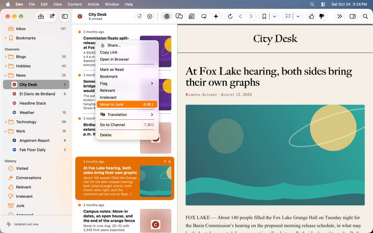 Article context menu with Mark as Junk highlighted.