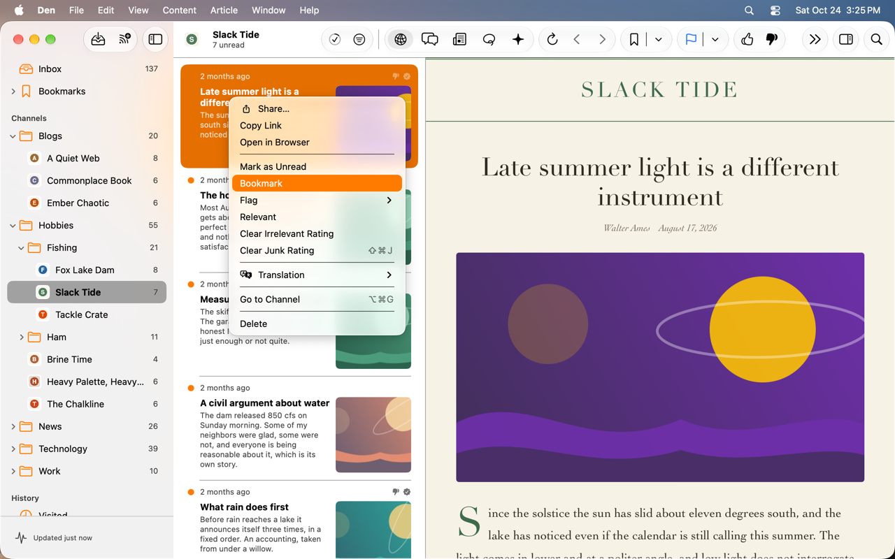 Article context menu with Bookmark highlighted.