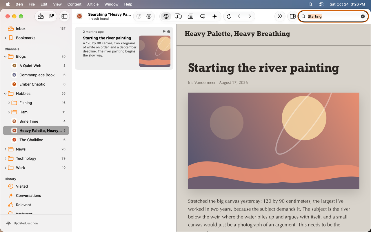 Search field with matching articles shown in the content column.