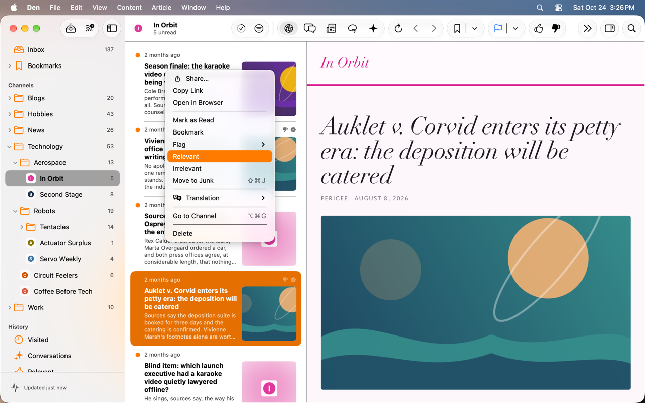 Article context menu with Relevant and Irrelevant rating options.