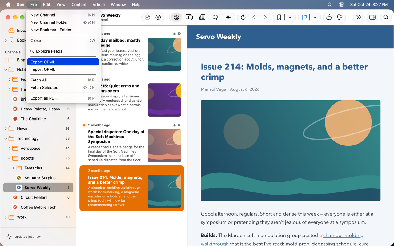 File menu Export OPML button.