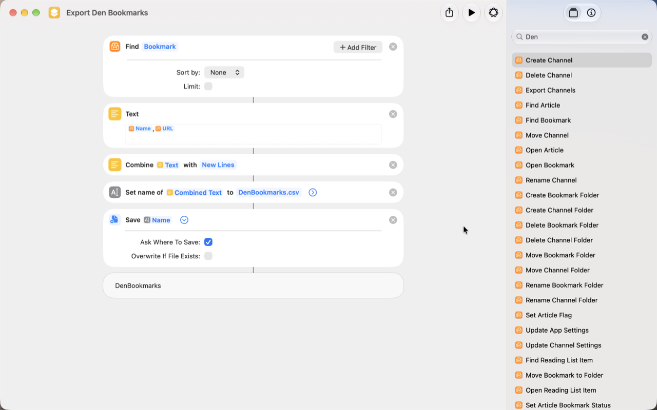 Shortcuts app with a Den bookmark export action configured.